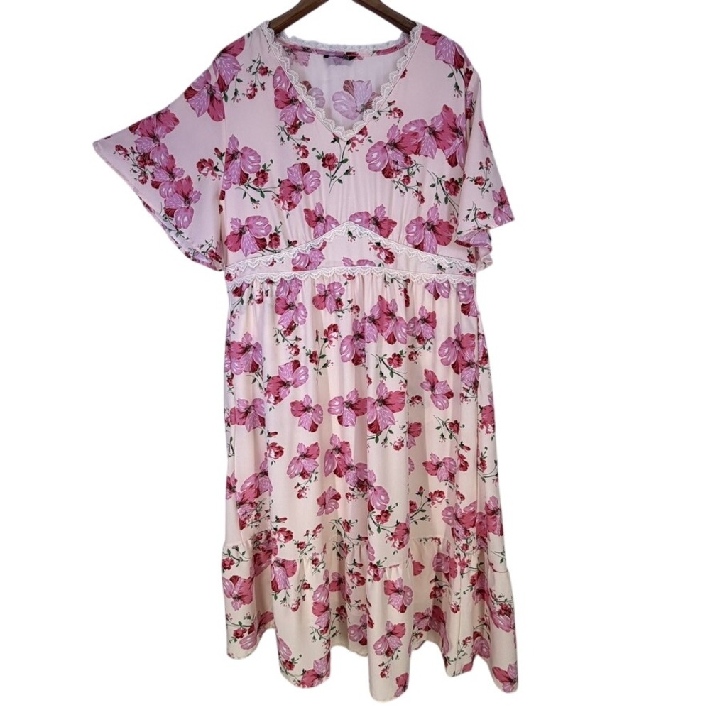 BloomChic Pink Floral Lace‎ Trim Midi Dress Plus Size 18-20 2X Cottagecore